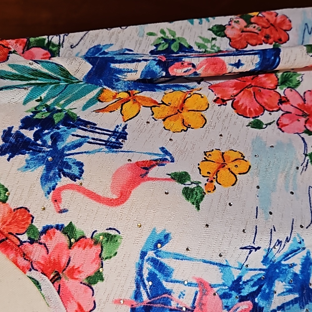 CATHY DANIELS TOP SHIRT 1X FLAMINGO FLORAL FLOWERS V-NECK PINK YELLOW BL… - Picture 4 of 9